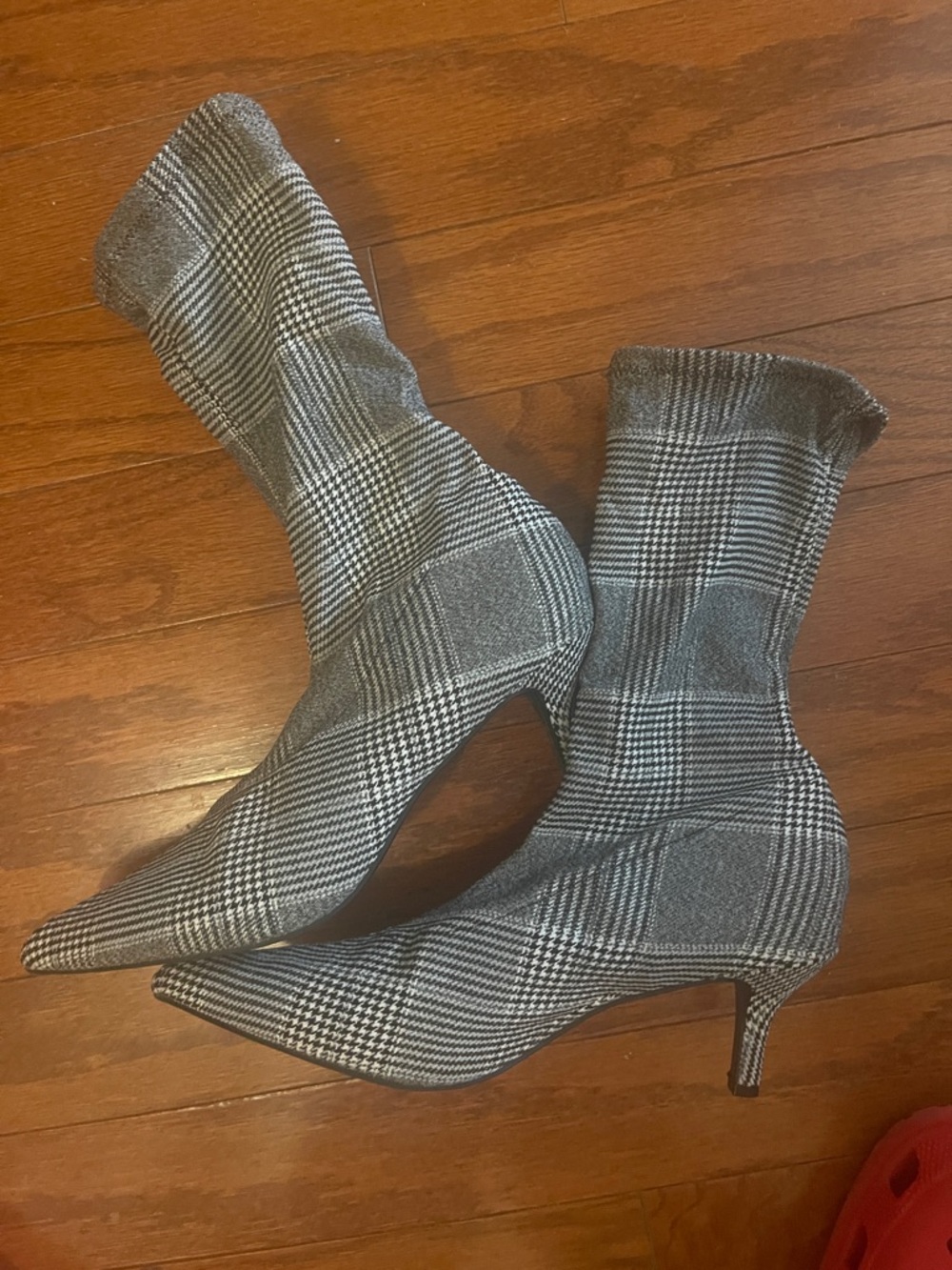 A new day Plaid Pointed Toe Kitten Heel Sock Boot in Gray